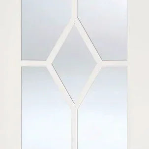 White glazed internal door with four glass panels and central diamond-shaped glass detail