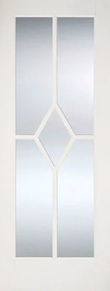 White glazed internal door with four glass panels and central diamond-shaped glass detail