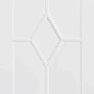 White interior door with diamond-shaped panel design and vertical grooves