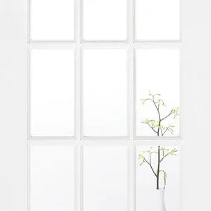 White glazed internal door with 15 glass panels, vase with branches visible through lower pane