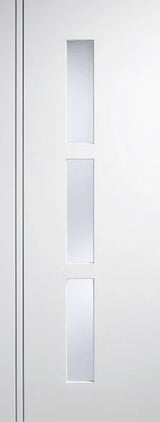 White glazed internal door with three vertical glass panels and modern design