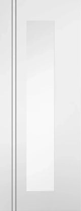 White glazed interior door with central frosted glass panel and simple vertical grooves