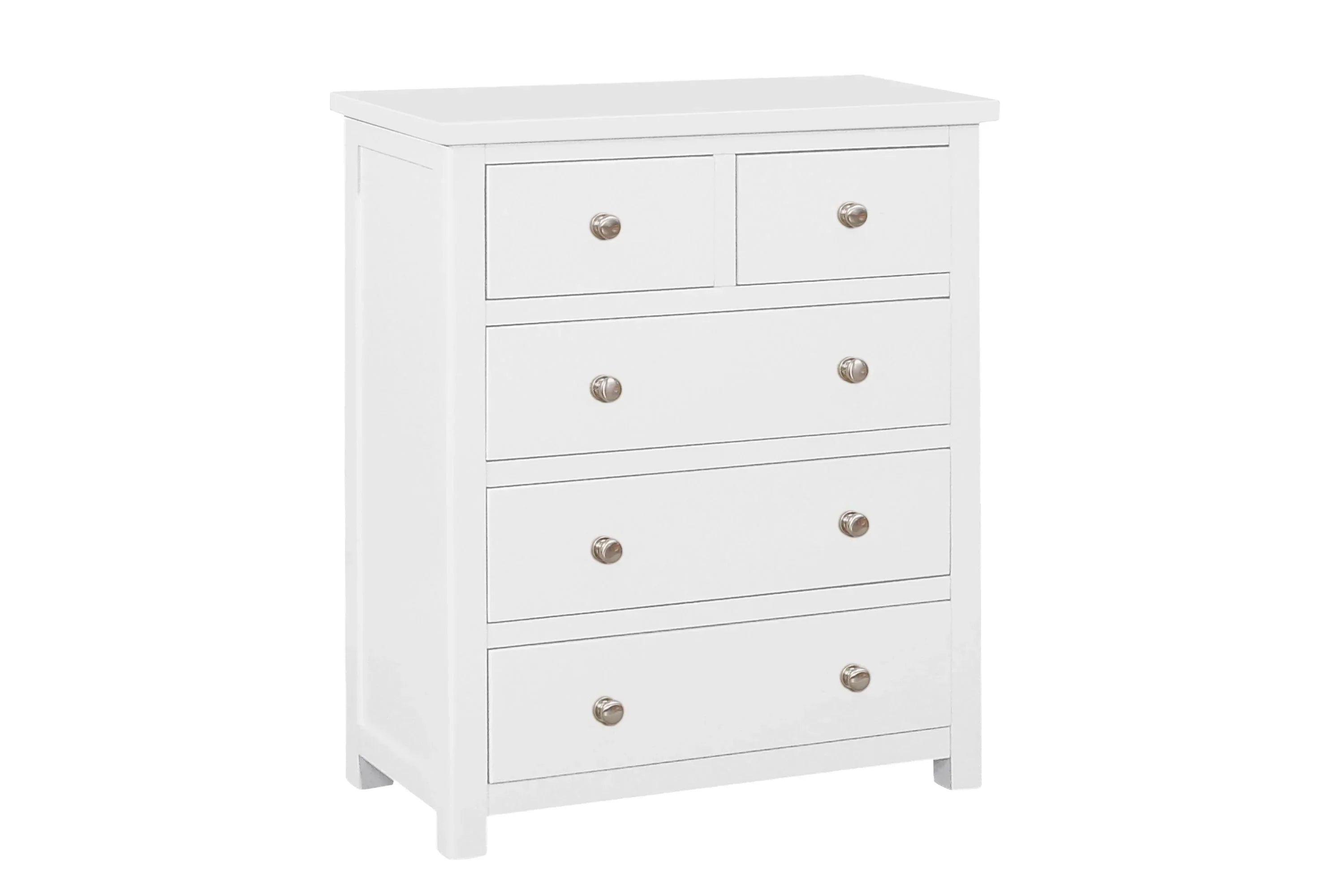 White 2 drawer chest with silver handles, modern finish, angled front view