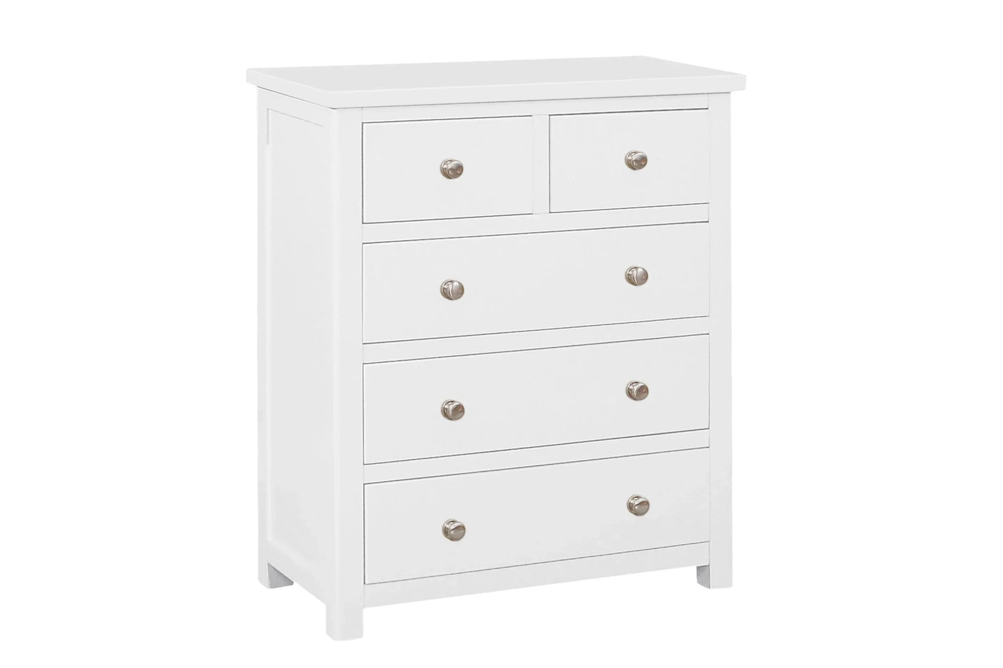 White 2 drawer chest with silver handles, modern finish, angled front view