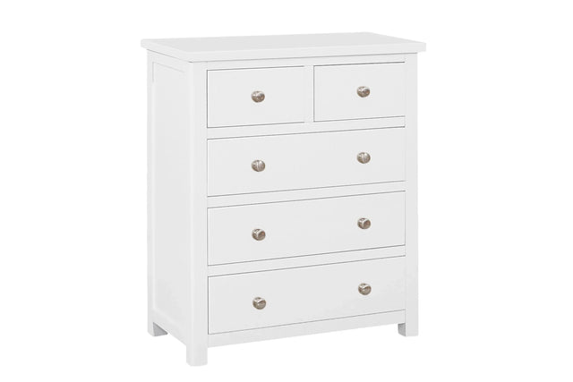 White 2 drawer chest with silver handles, modern finish, angled front view