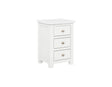 White bedside locker with three drawers and silver handles, angled front view