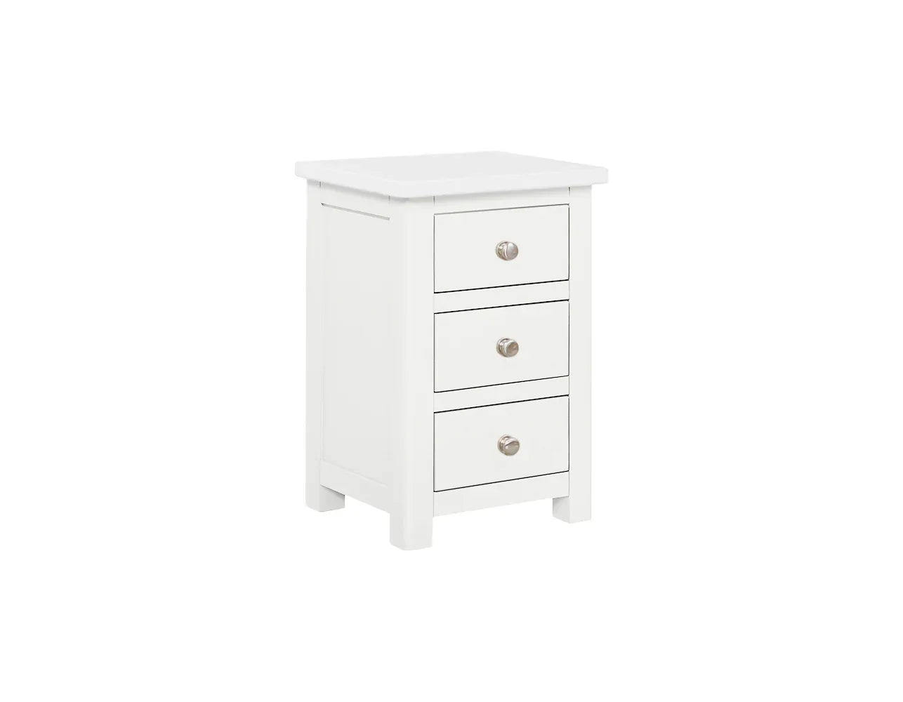 White bedside locker with three drawers and silver handles, angled front view