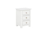White bedside locker with three drawers and silver handles, angled front view