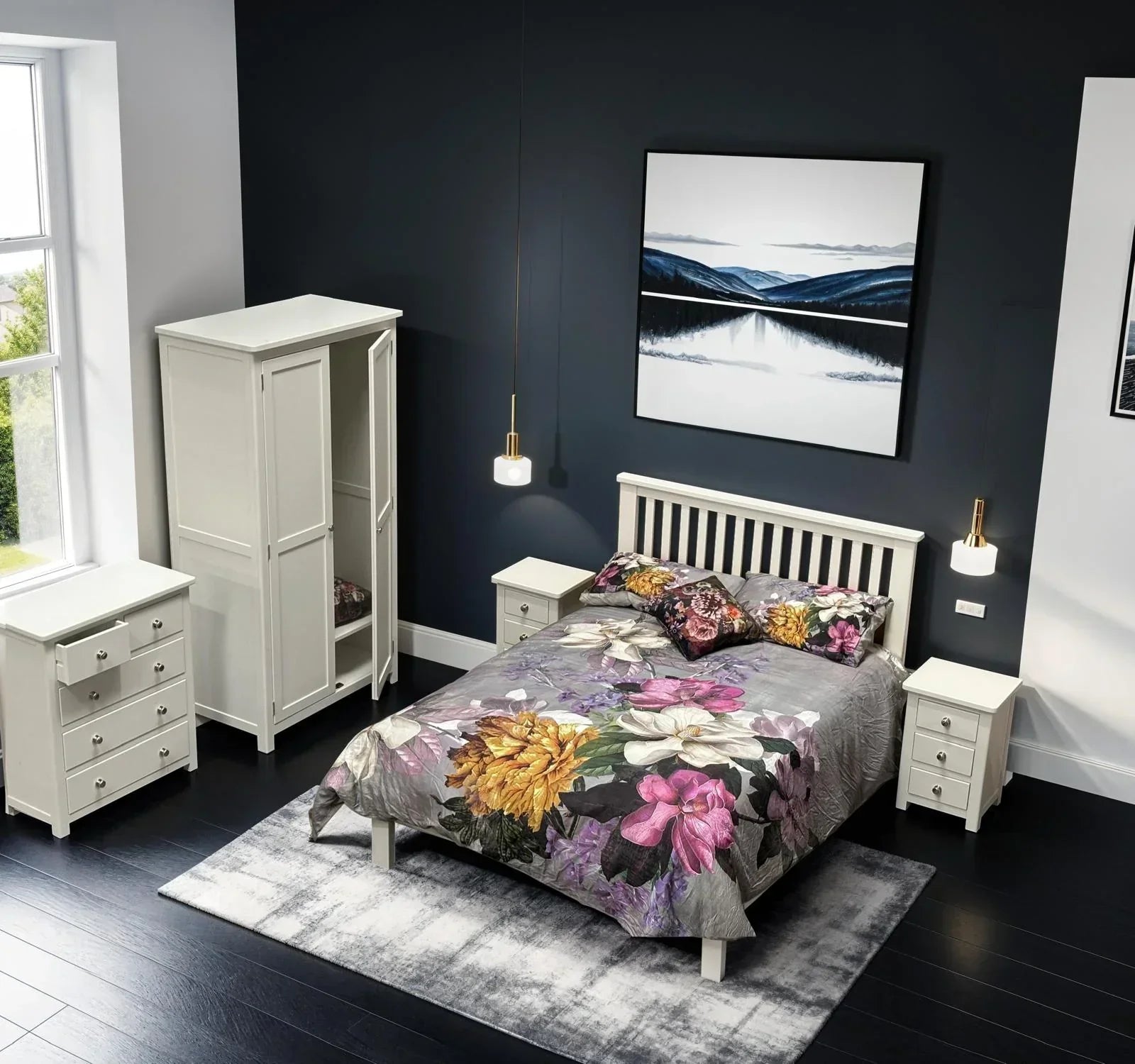 White bedroom furniture set with bed, floral bedding, wardrobe, chests and bedside tables