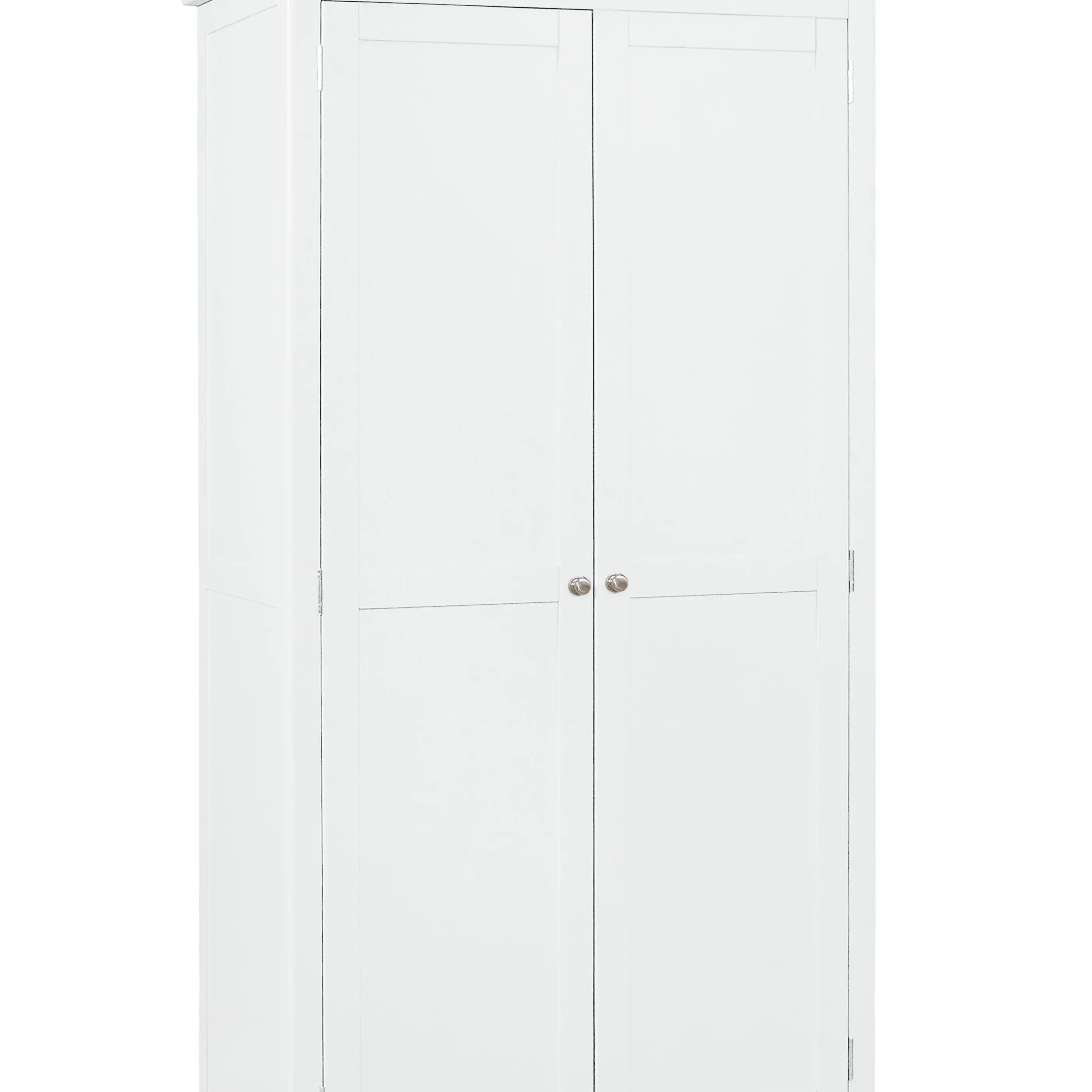 White wooden wardrobe with two panel doors and silver handles, shown from front angle