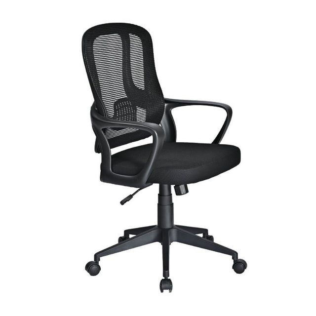 Black mesh ergonomic task chair with curved backrest, padded seat, armrests and caster wheels.