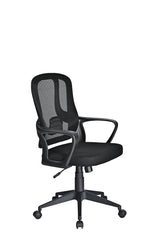 Black mesh ergonomic task chair with curved backrest, padded seat, armrests and caster wheels.