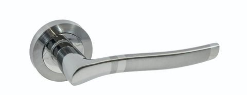 Zinc escutcheon door handle in brushed chrome finish, modern design, side view