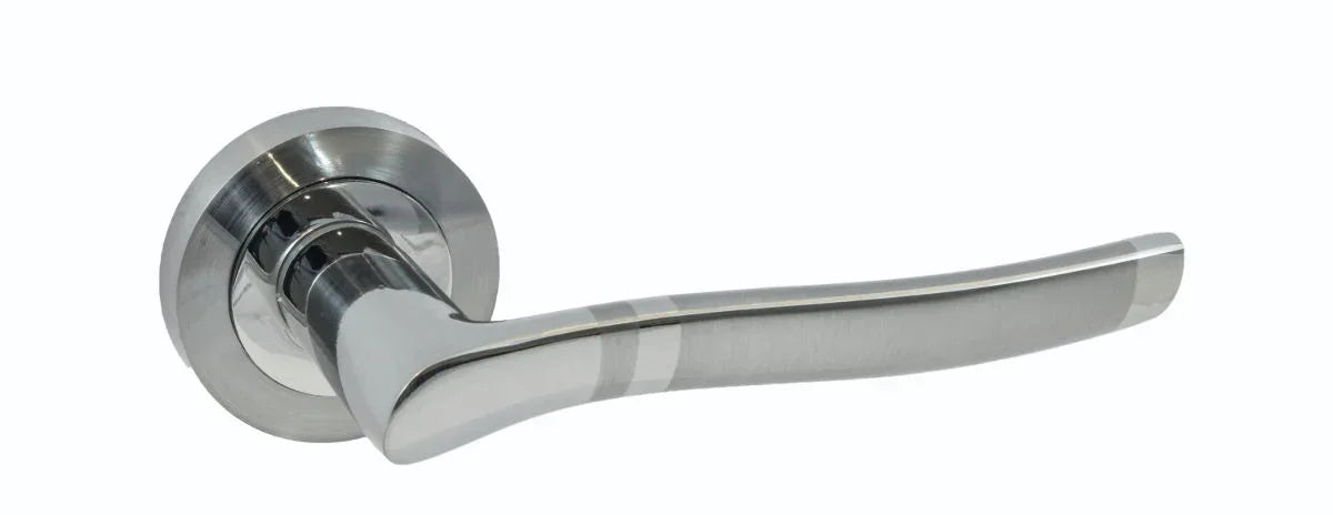 Zinc escutcheon door handle in brushed chrome finish, modern design, side view