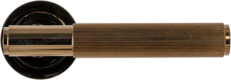 Bright coffee door handle with grooved brass finish shown from the side