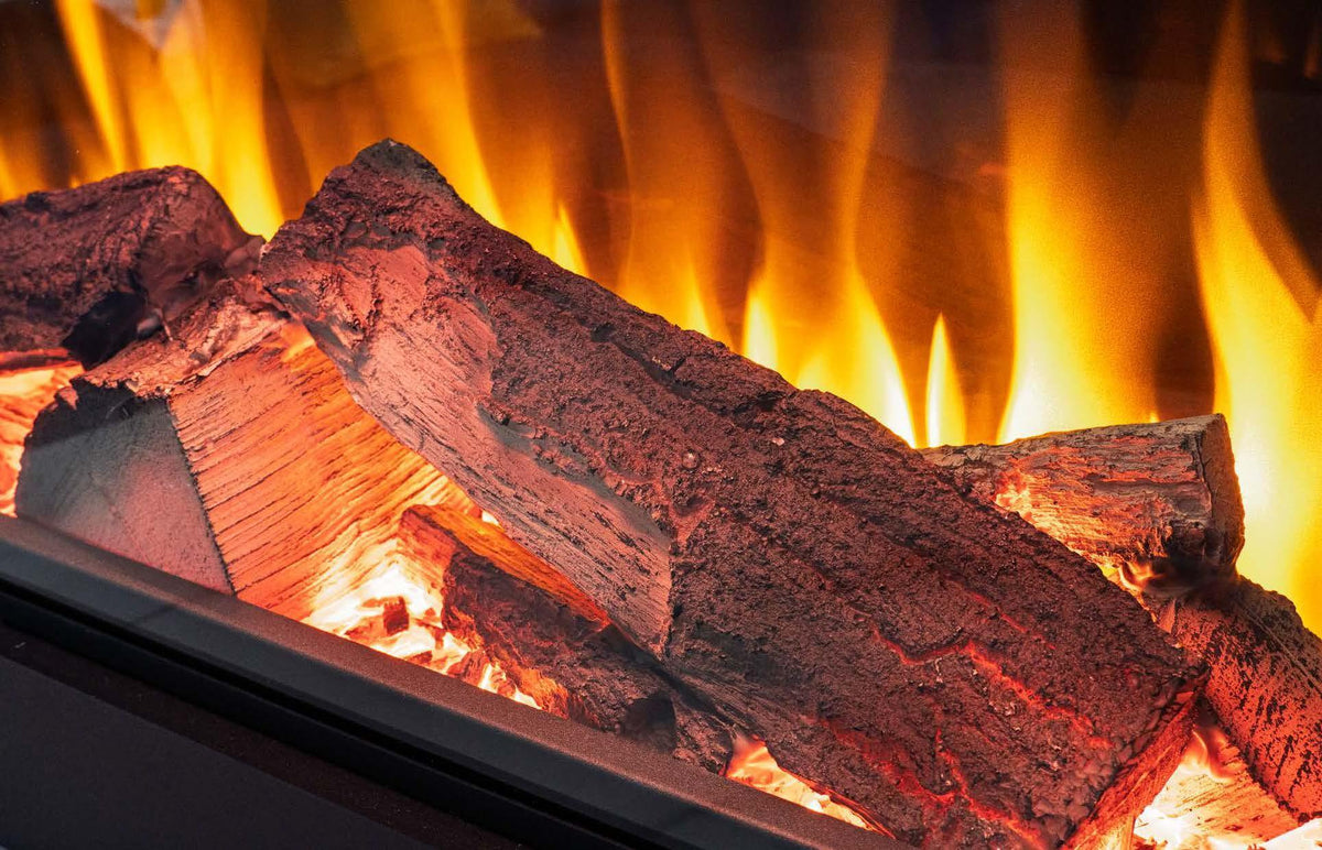 Electric fireplace with glowing logs and realistic flame effect