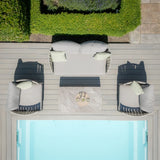 Outdoor garden sofa set with light grey cushions and coffee table beside a pool