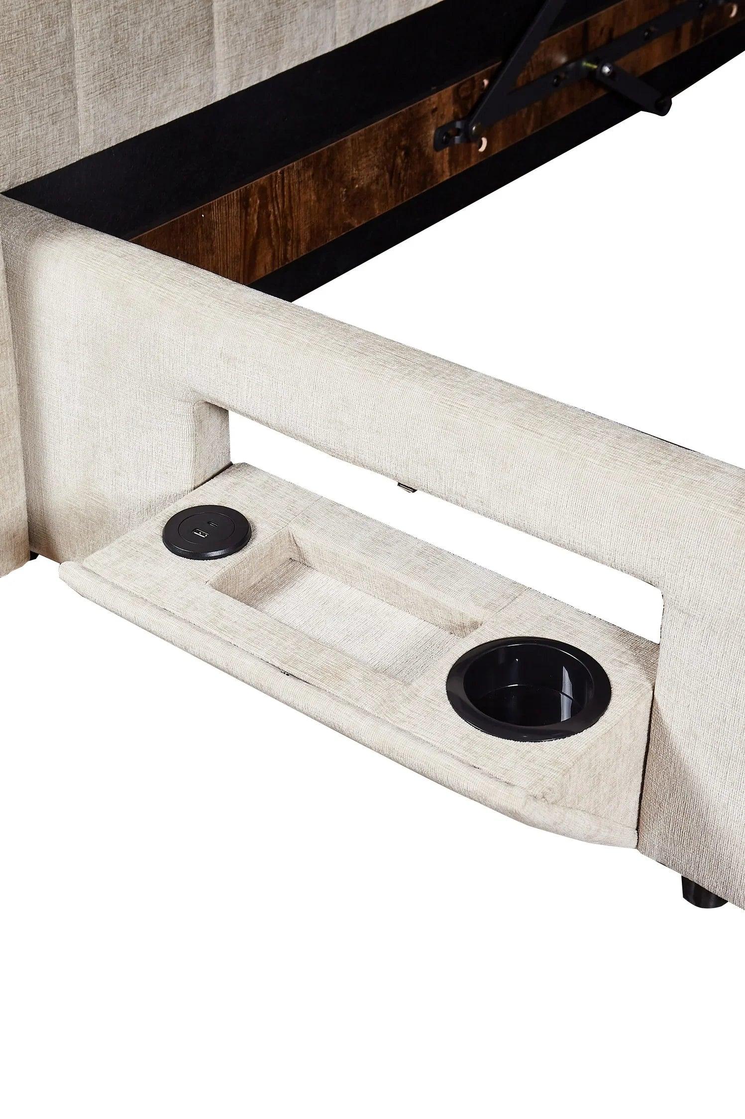 Beige fabric sofa armrest with cup holders and built-in USB charging port