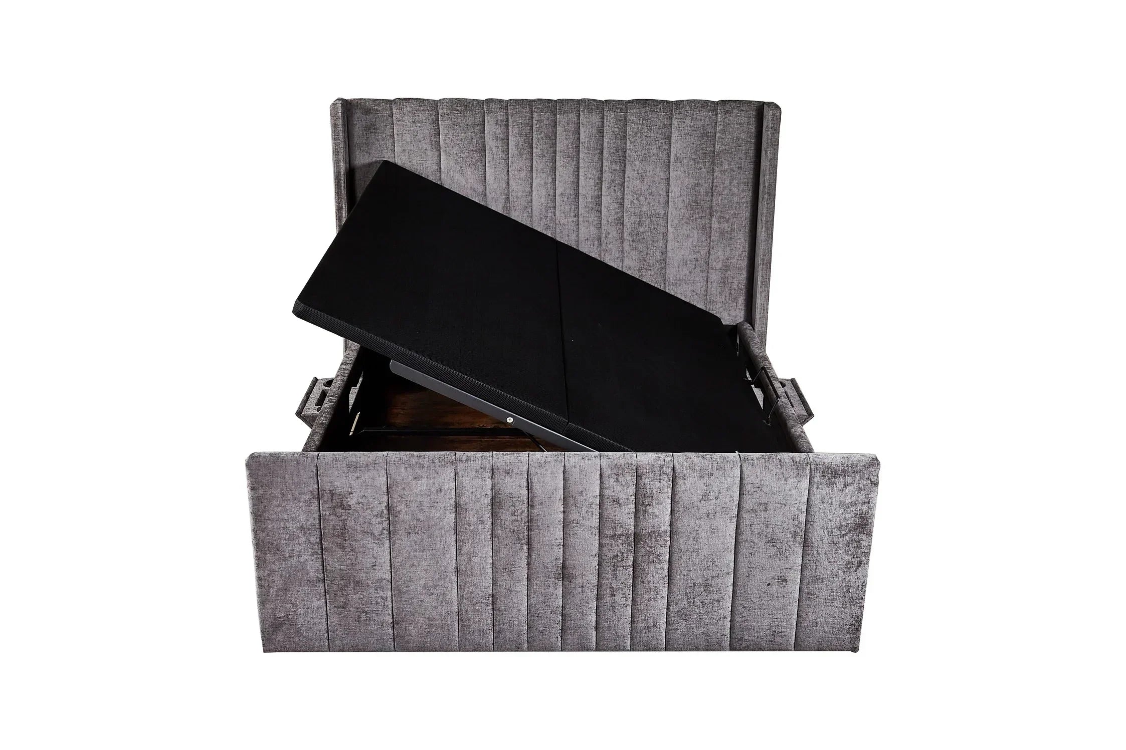 Grey fabric ottoman bed frame with open storage compartment and vertical stitched headboard