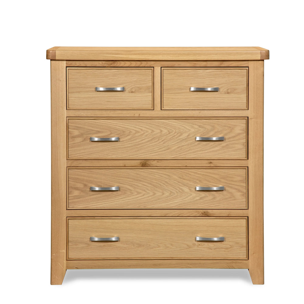 Oak chest of drawers with five drawers and metal handles, front view