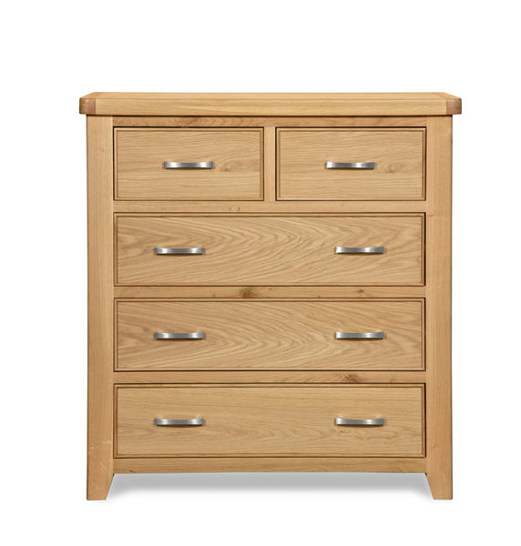 Oak chest of drawers with five drawers and metal handles, front view