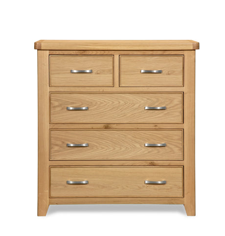 Oak chest of drawers with five drawers and metal handles, front view
