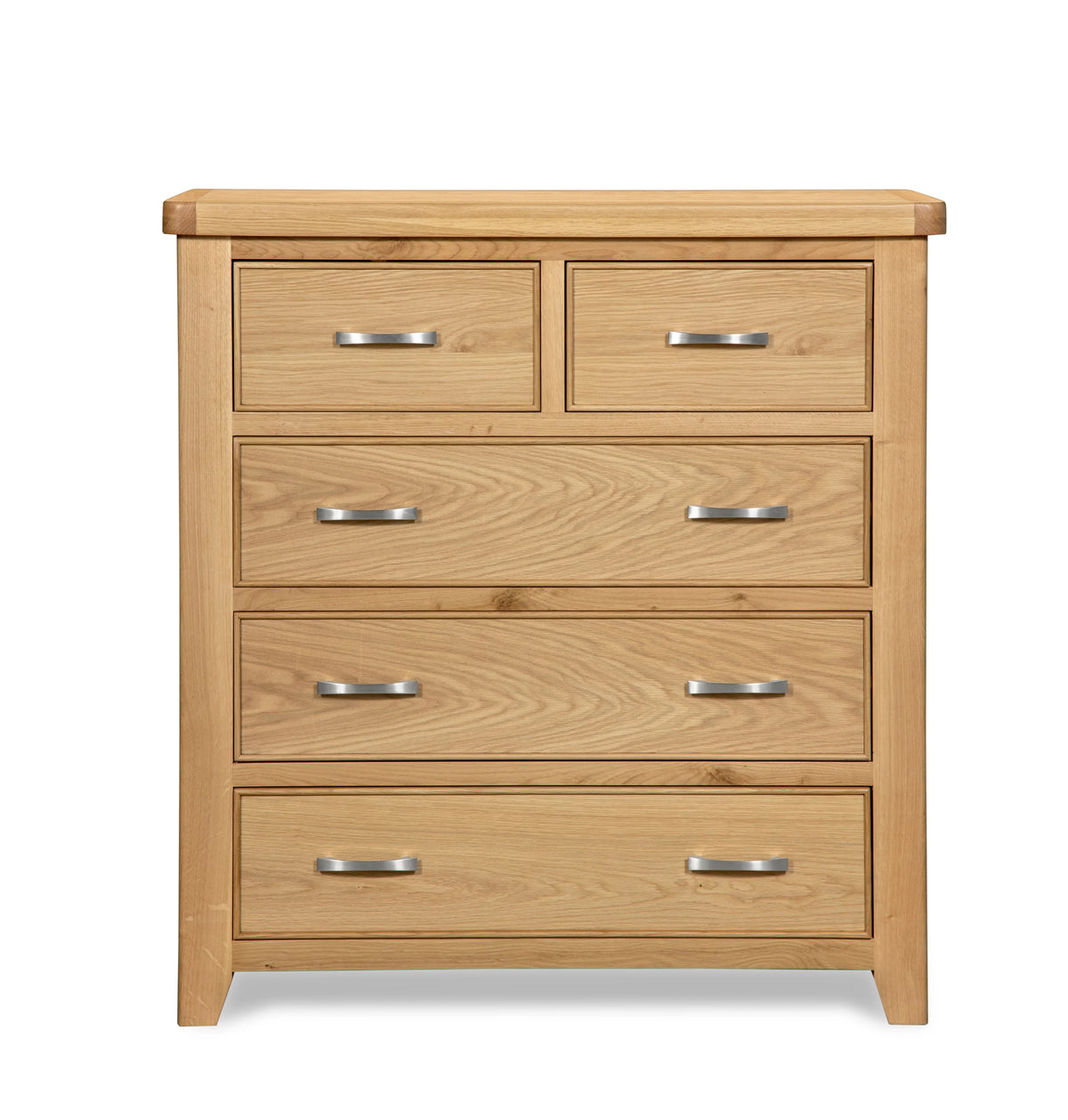 Oak chest of drawers with five drawers and metal handles, front view