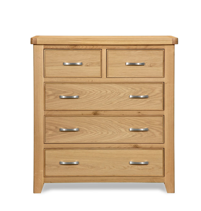 Oak chest of drawers with five drawers and metal handles, front view