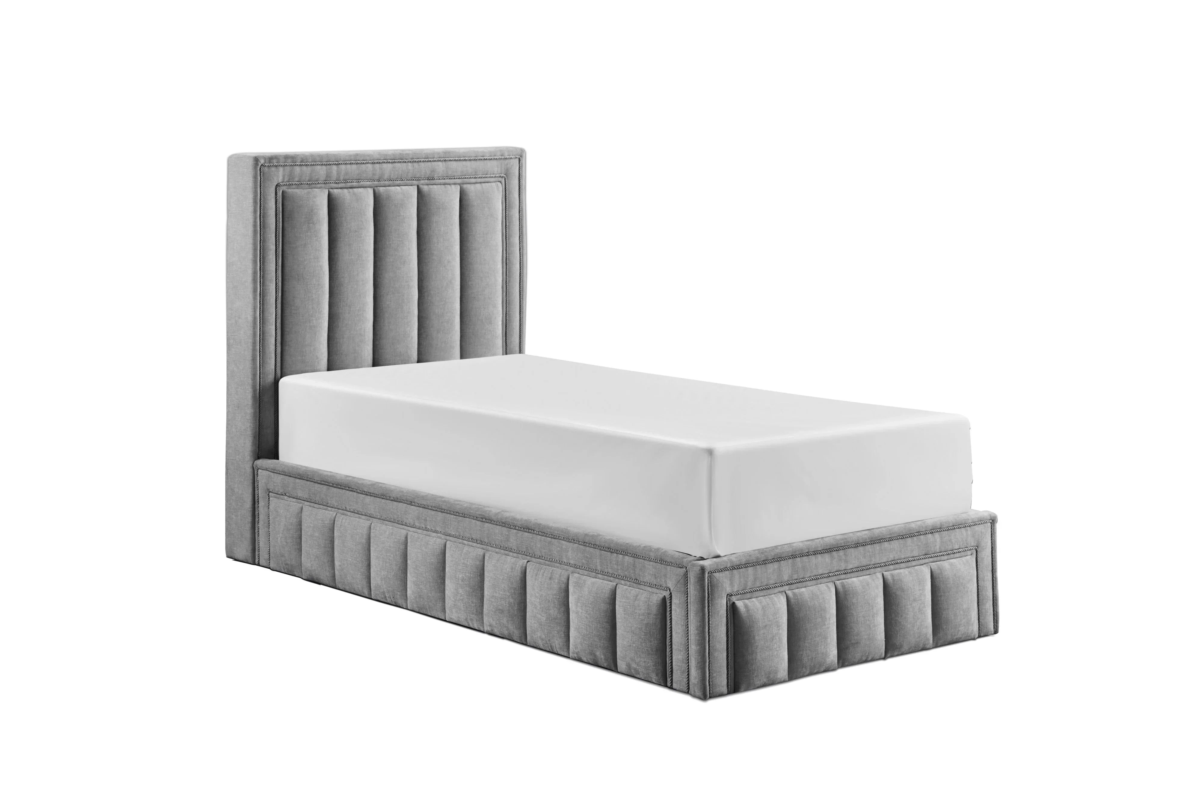 Grey velvet upholstered single bed with vertical panel headboard and footboard