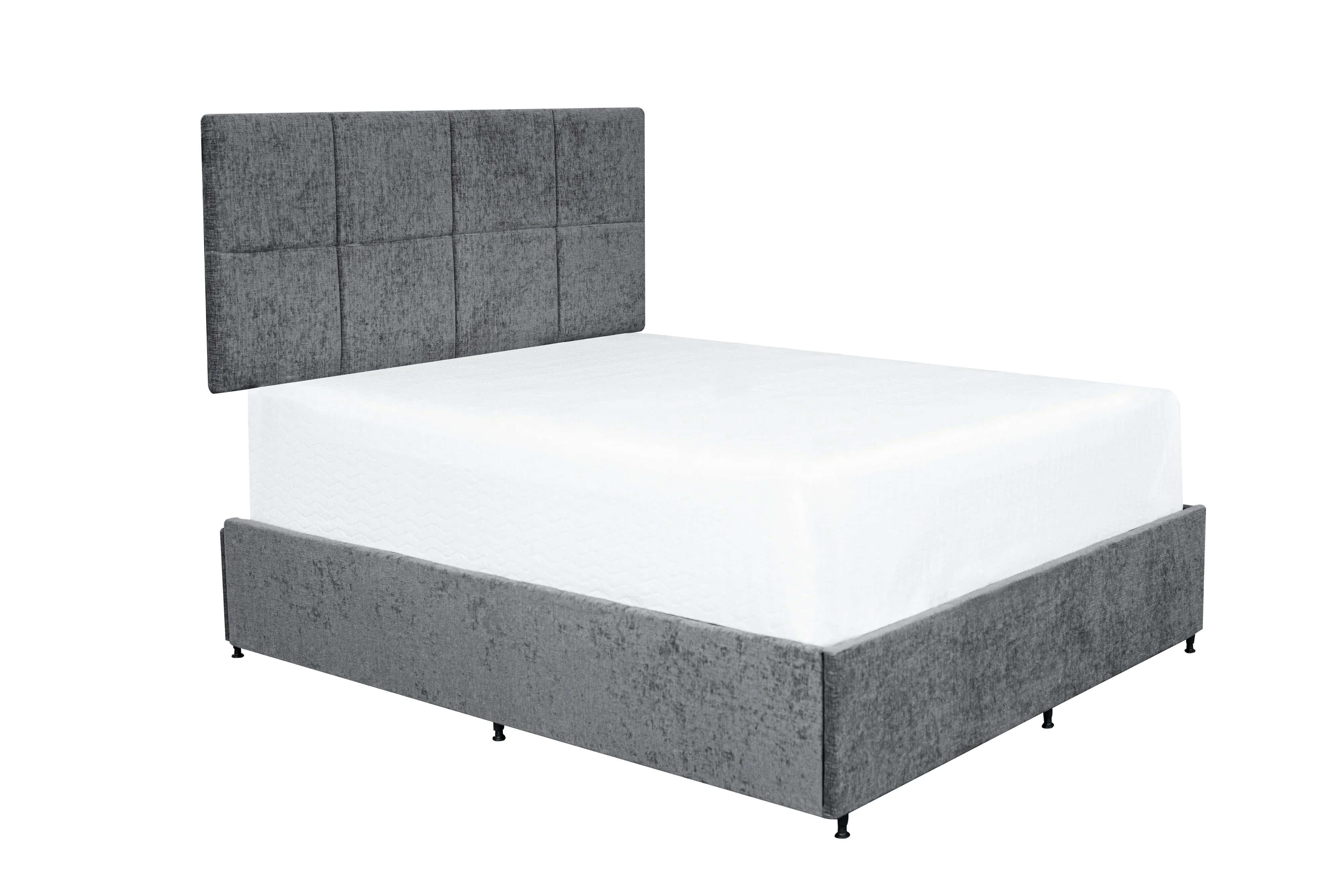 Grey fabric bed frame with padded headboard and white mattress, angled side view
