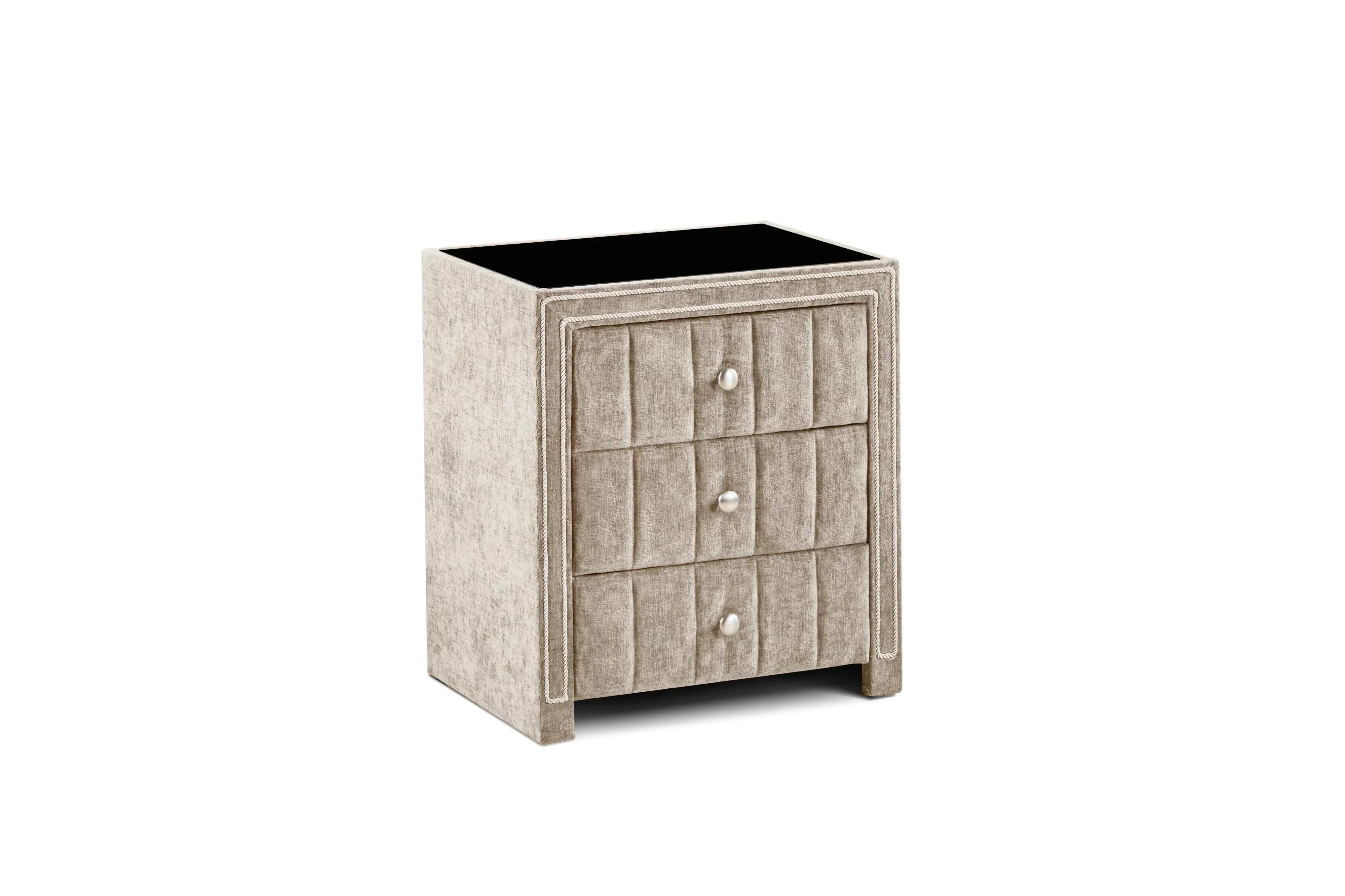 Beige upholstered bedside table with three drawers and textured fabric finish
