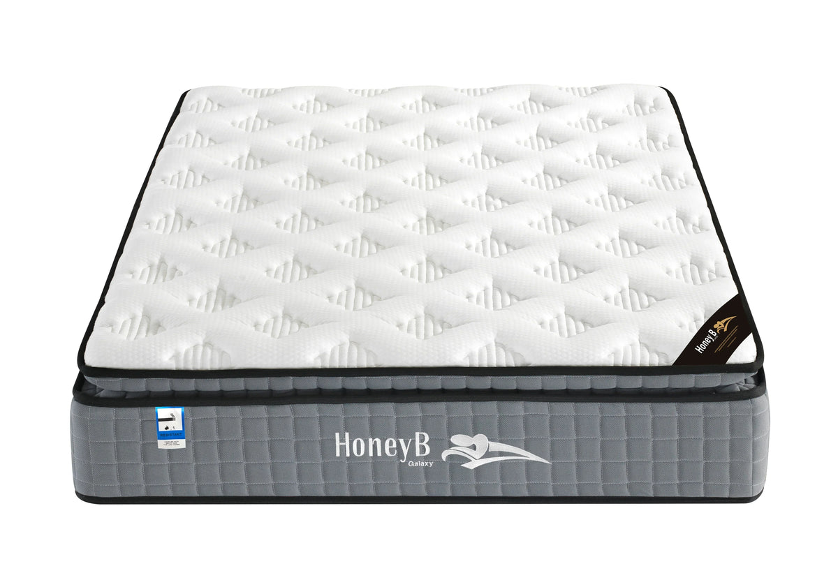 Quilted top mattress with grey side panel and embroidered HoneyB Galaxy logo, front view
