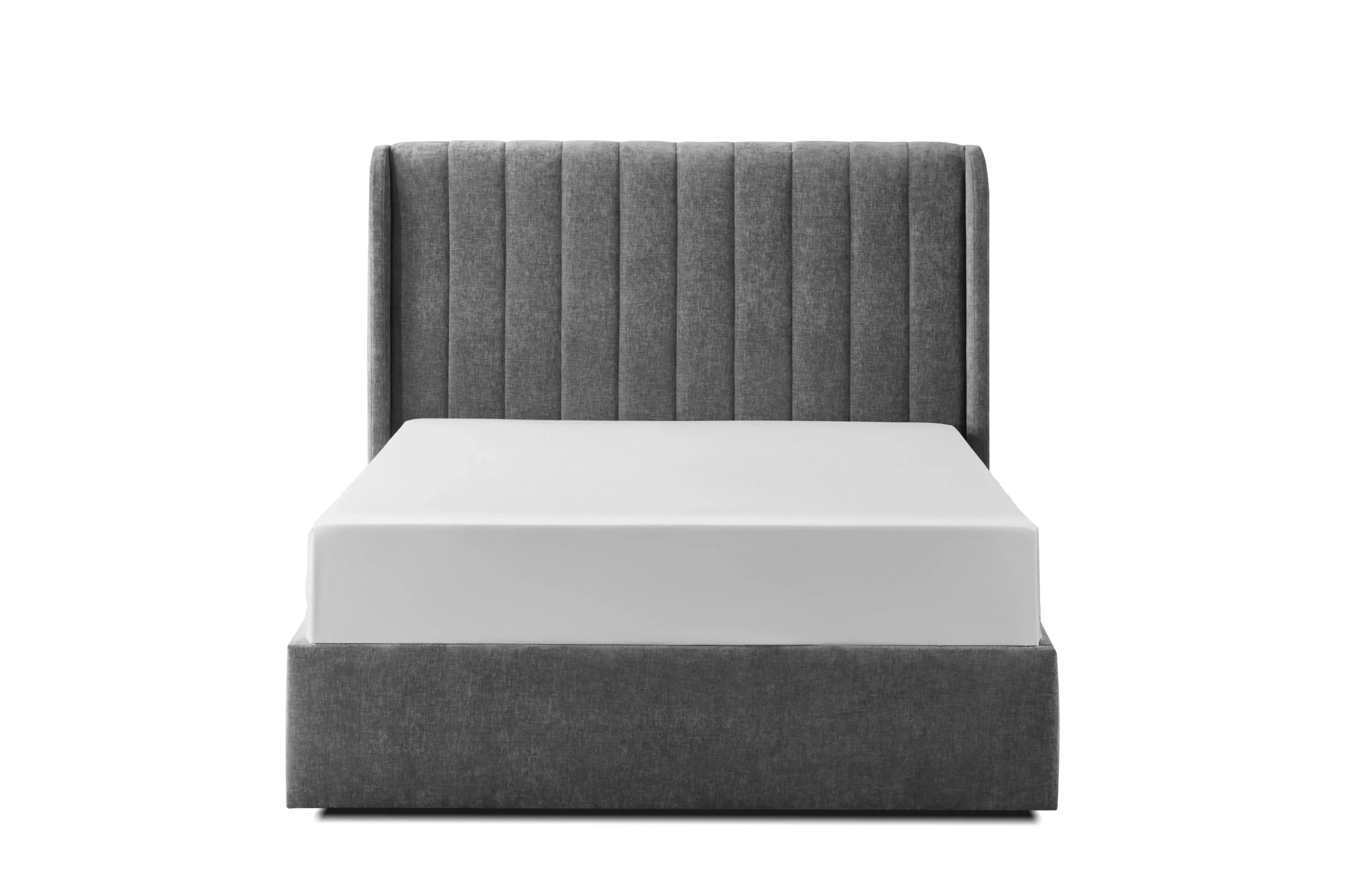 grey upholstered bed frame with vertical panel headboard, mattress shown, front view