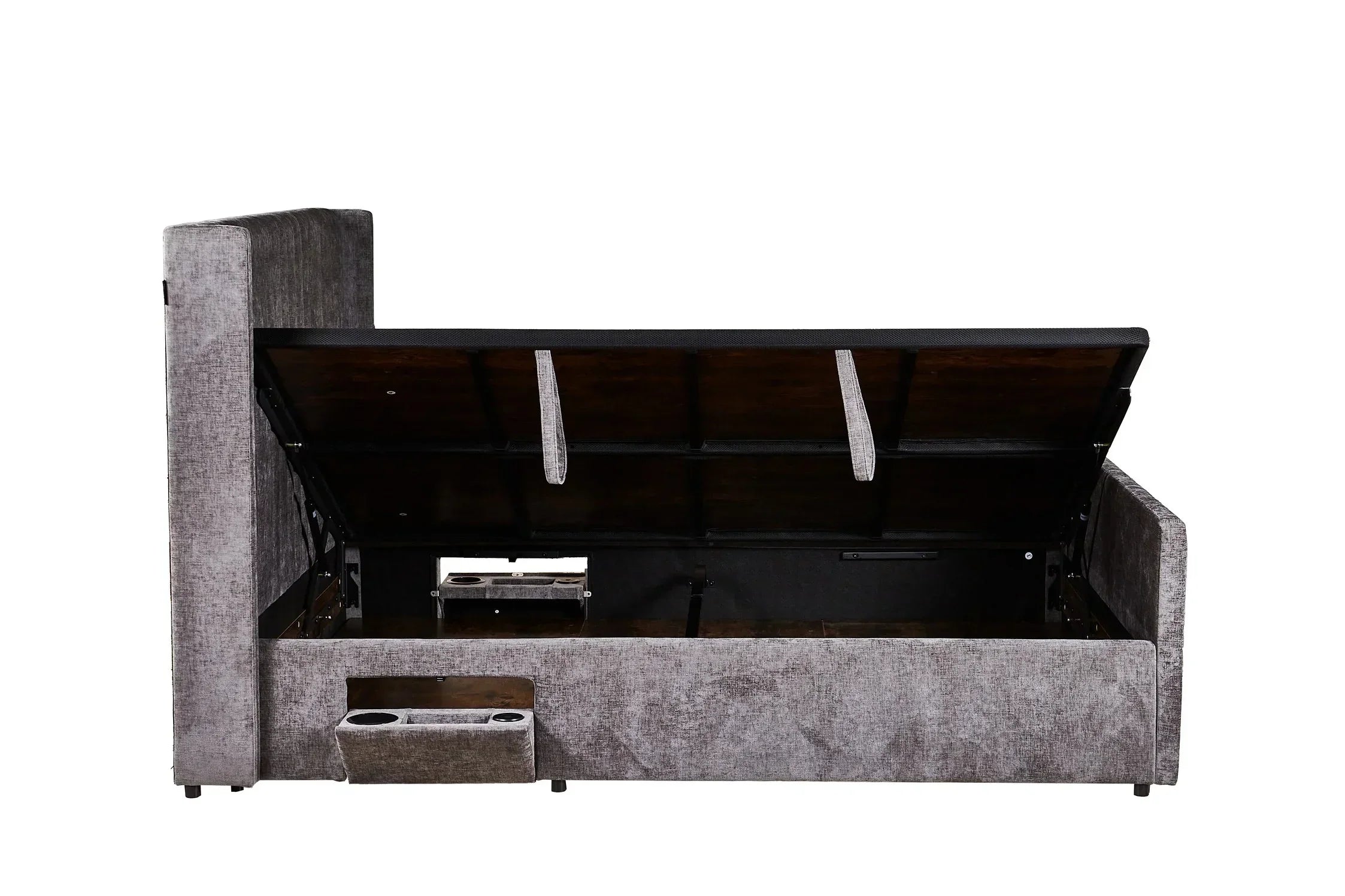 Grey upholstered storage bed with ottoman lift and cup holder compartments
