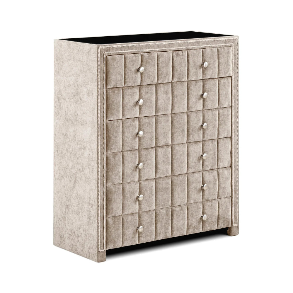 Beige upholstered chest of drawers with grid tufted front and round drawer handles