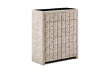 Beige upholstered chest of drawers with grid tufted front and round drawer handles