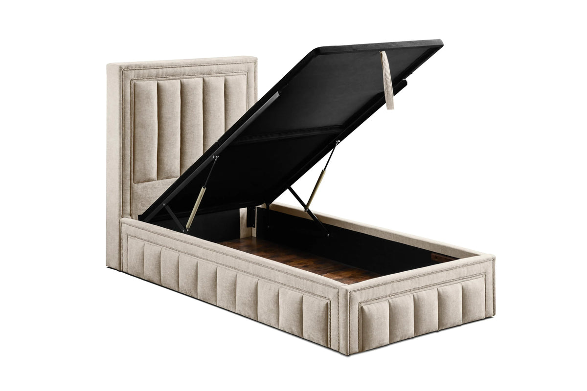 Beige upholstered ottoman storage bed with open lift-up base and vertical panel headboard