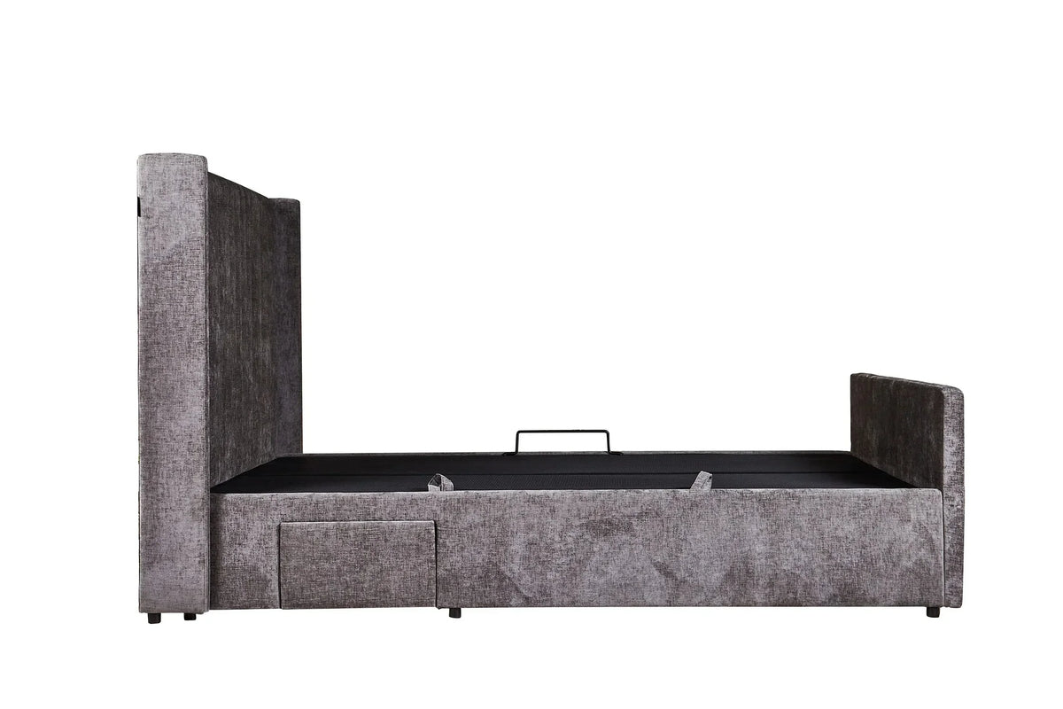 Grey upholstered bed frame with high wingback headboard and built-in storage drawer