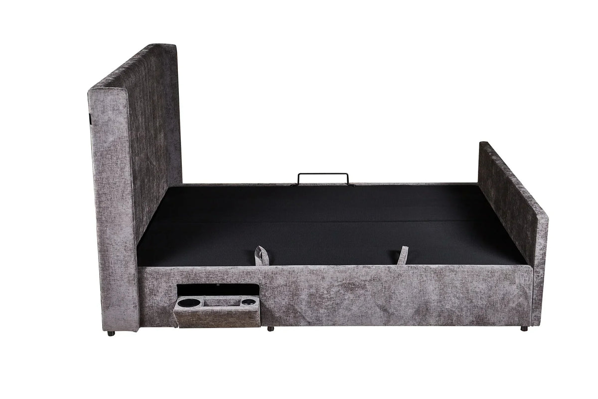 Grey upholstered ottoman bed frame with side pocket and cup holders, open from front view
