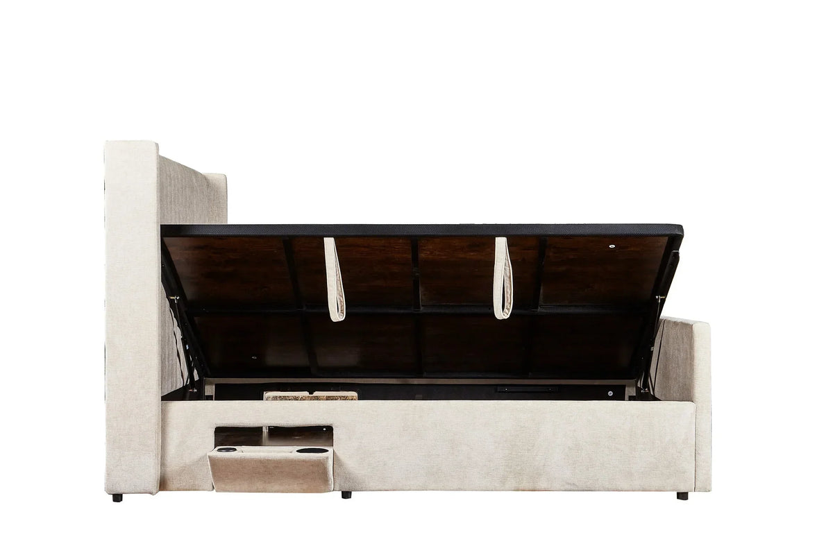 Beige fabric storage sofa bed with lifted seat and built-in cup holder compartments