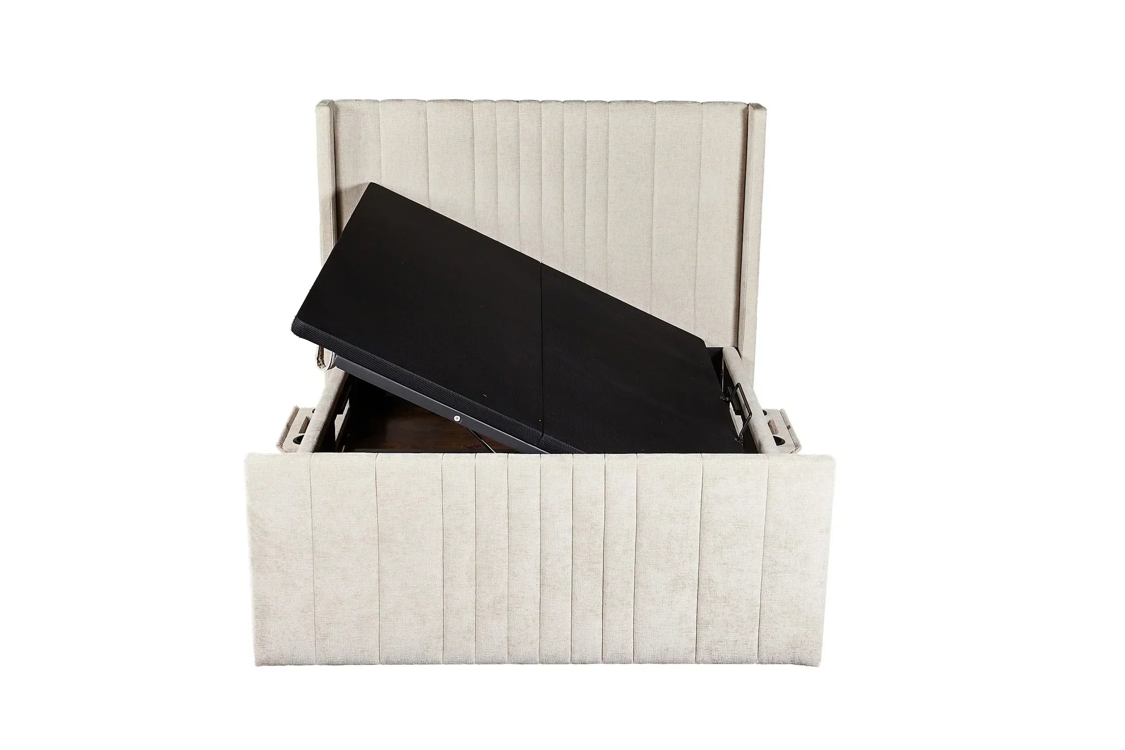 Beige ottoman storage bed base with open lift-up mechanism and vertical panel design