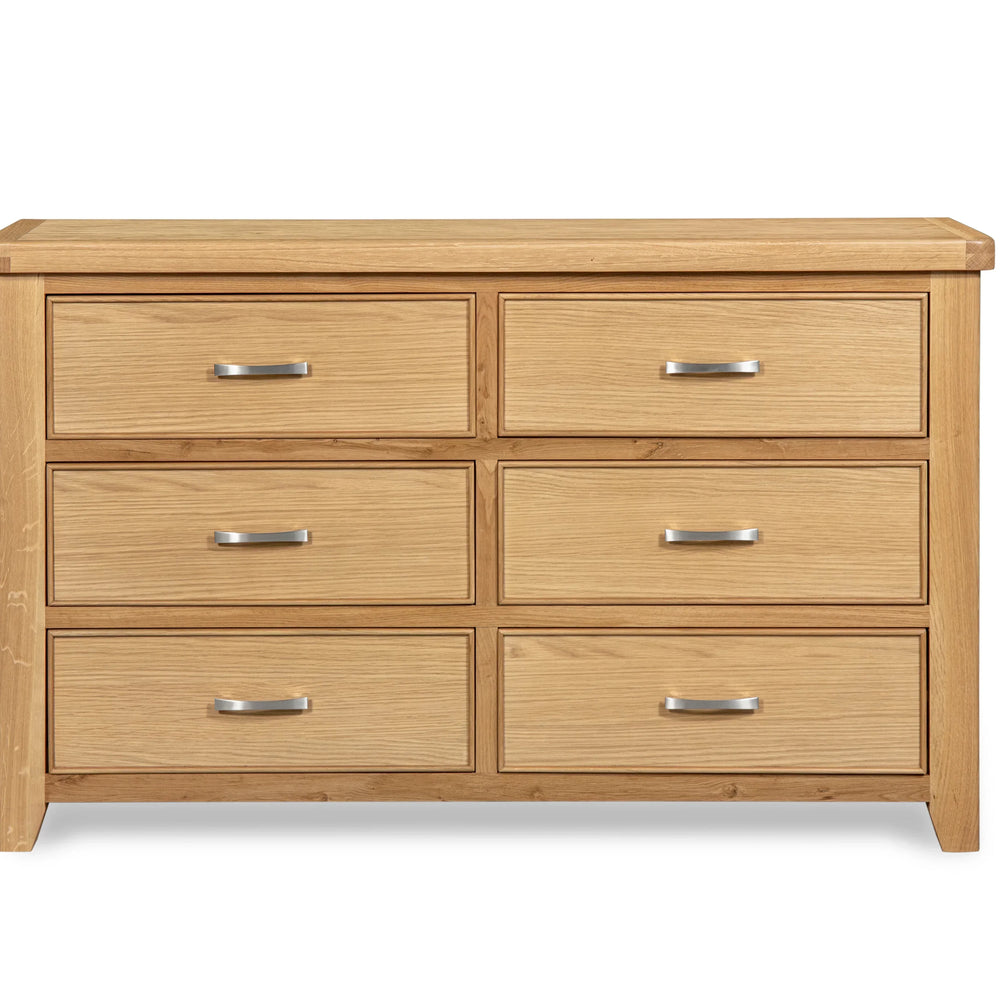 Oak chest of drawers with six compartments and silver handles, front view