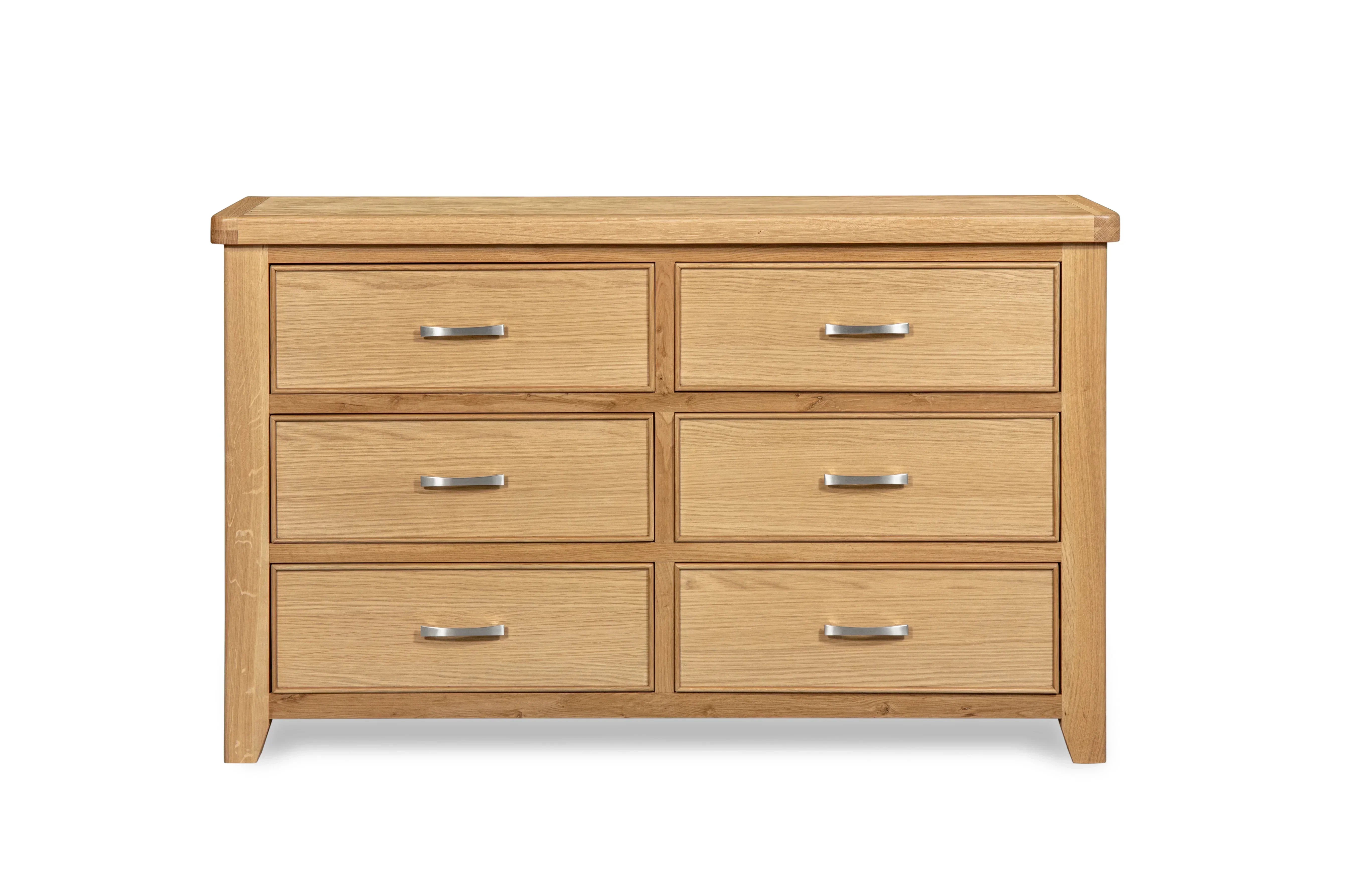 Oak chest of drawers with six compartments and silver handles, front view