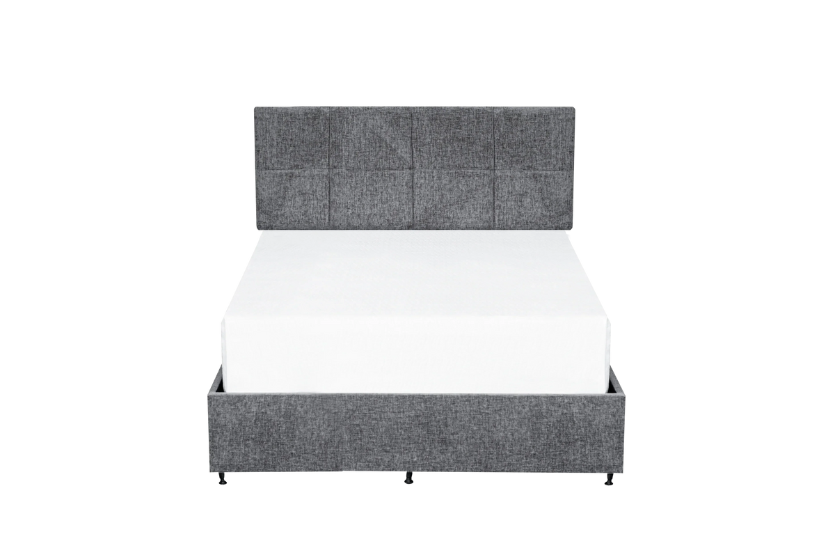grey fabric bed frame with square paneled headboard and white mattress, front view