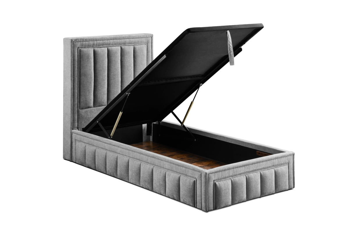 Grey upholstered ottoman storage bed with lift-up base and vertical panel headboard