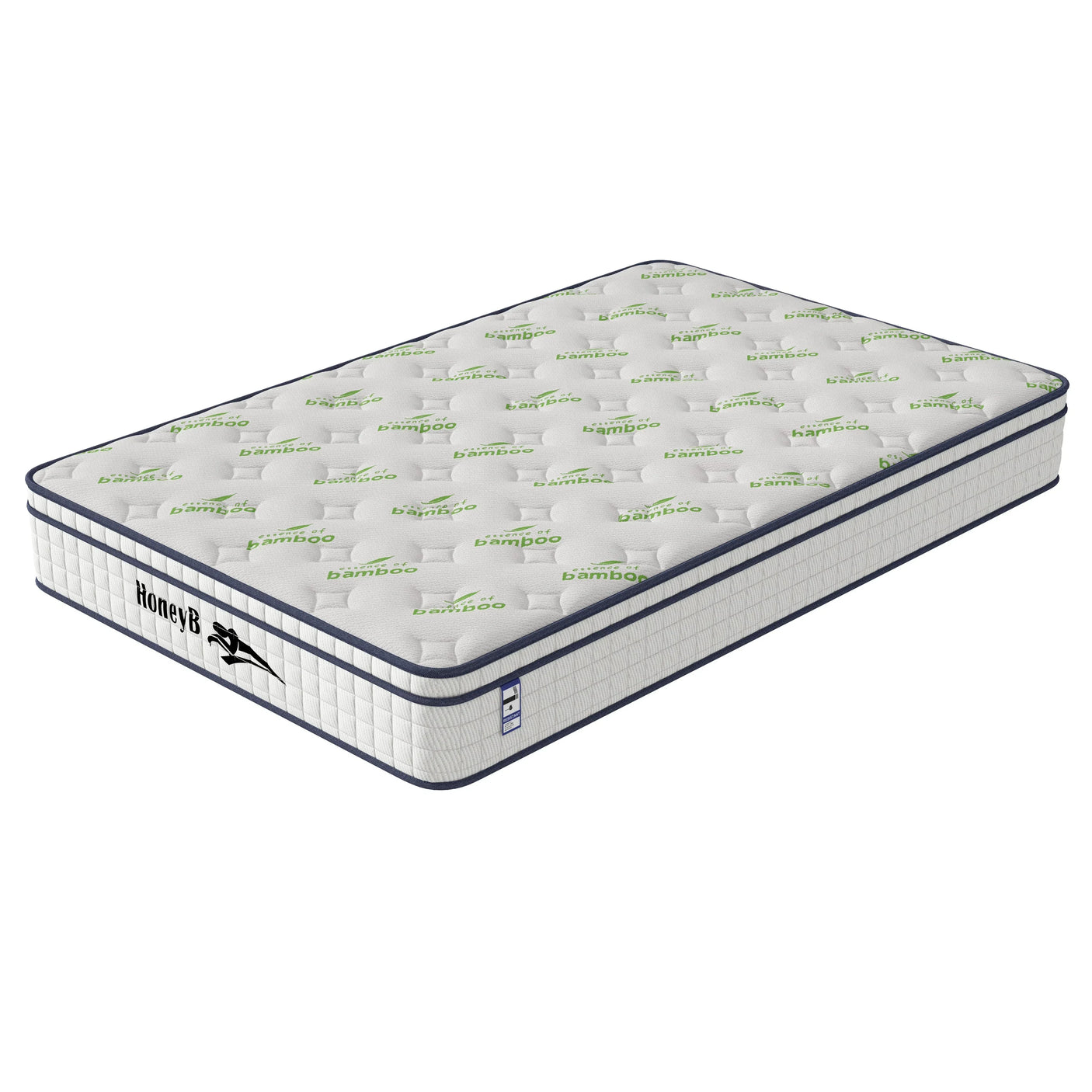 Bamboo memory foam mattress with white quilted cover and green bamboo logo, angled view