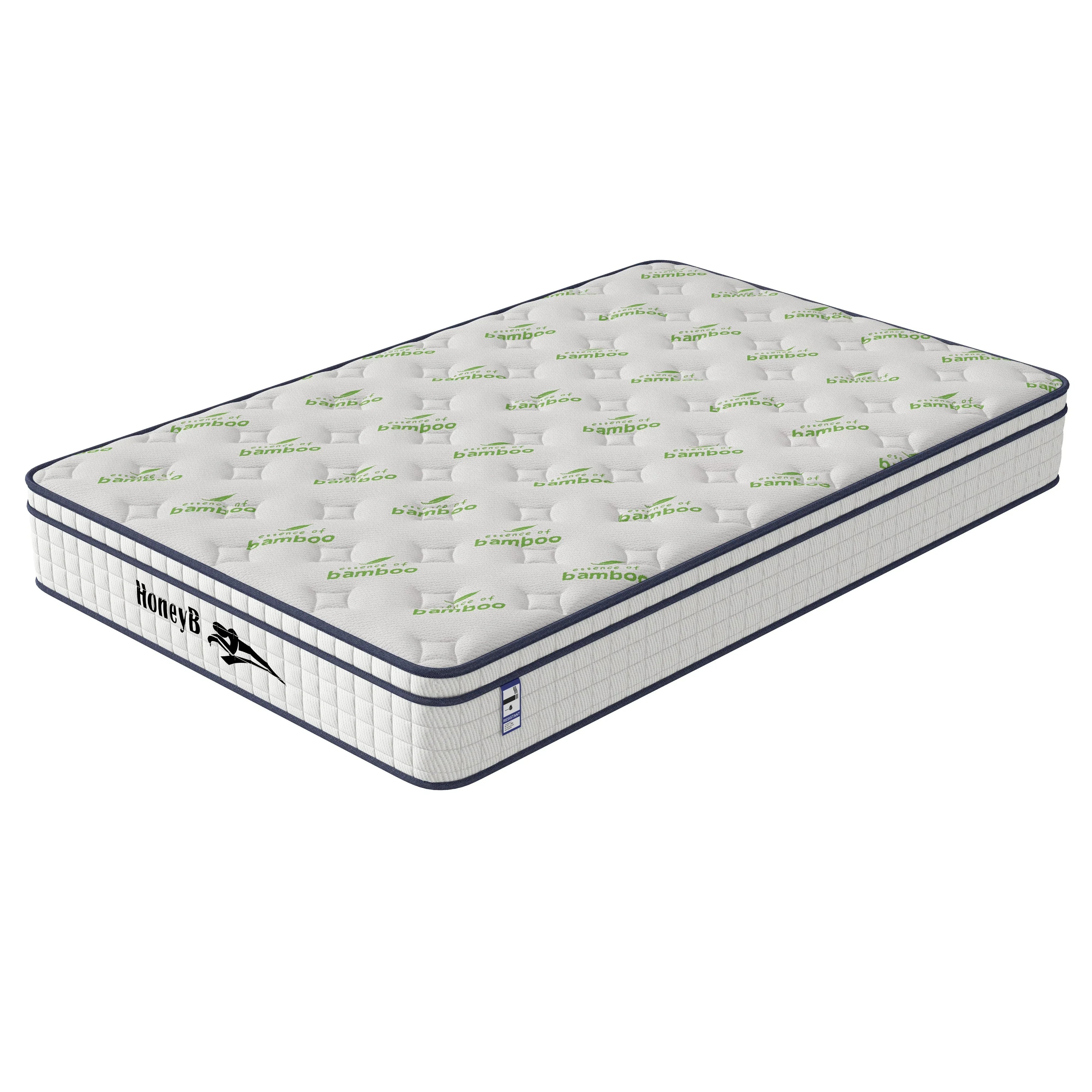 Bamboo memory foam mattress with white quilted cover and green bamboo logo, angled view