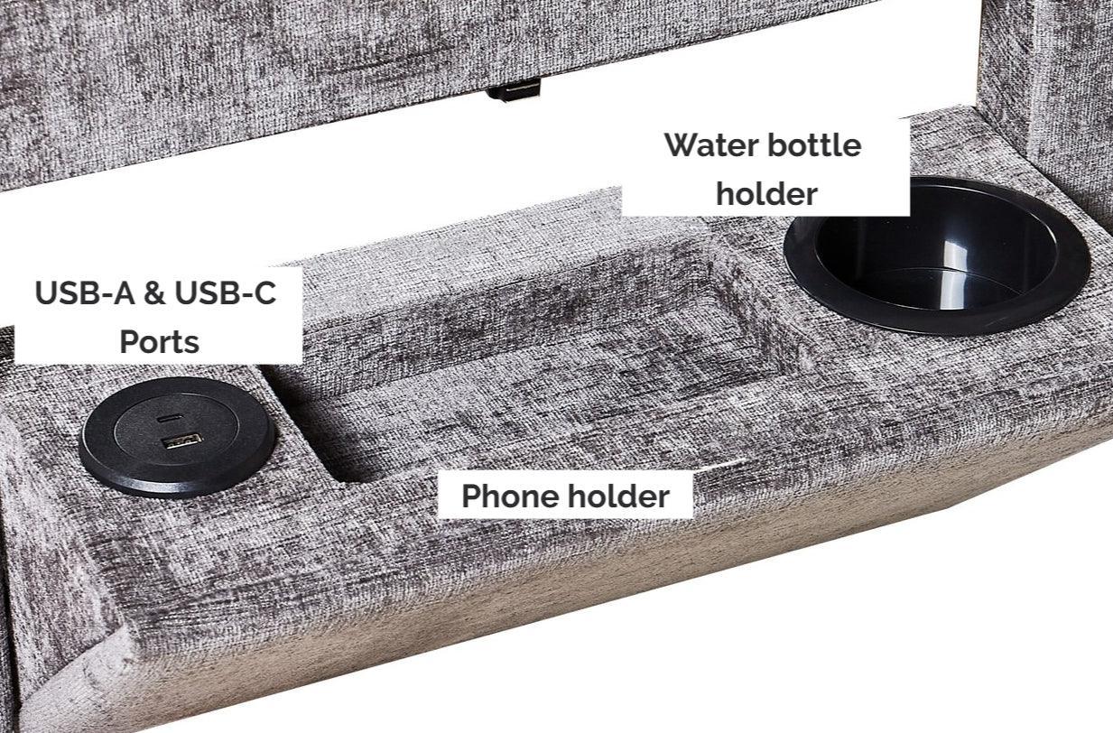 Grey fabric sofa armrest with USB ports, cup holder, and phone holder compartments