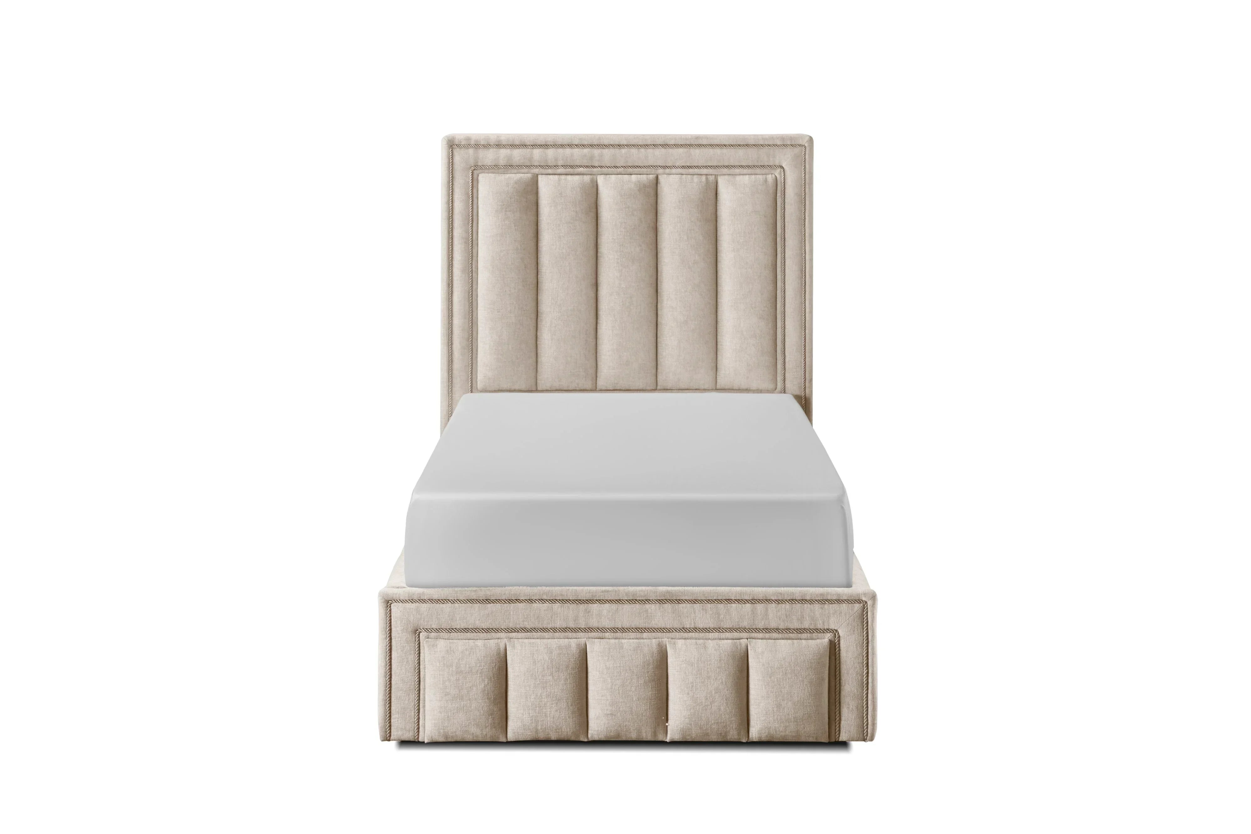 Beige upholstered single bed frame with vertical panel headboard and footboard