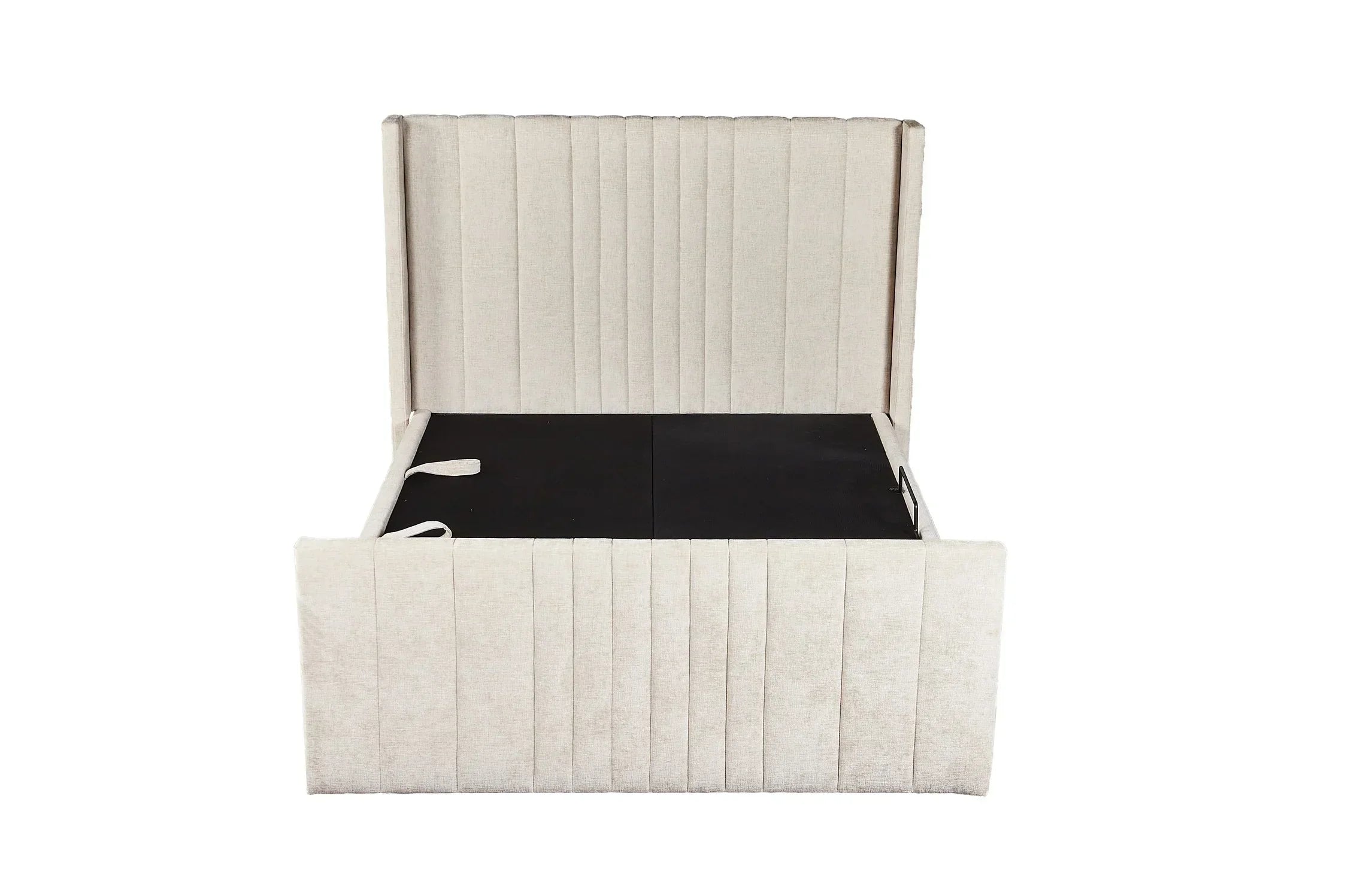 Beige upholstered ottoman storage bed with vertical panel headboard, open for storage access